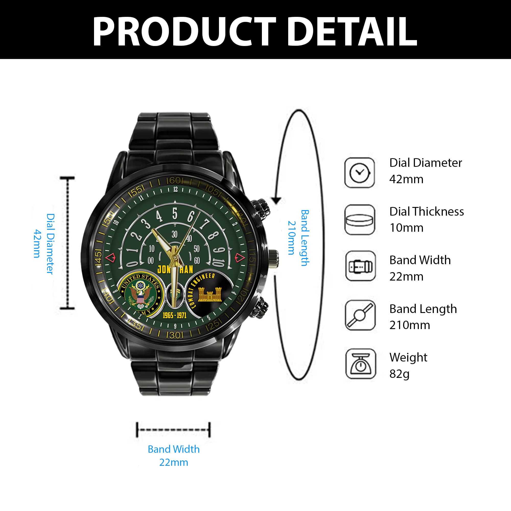 Army Enlisted Rank Insignia, Army Branch Black Black Stainless Steel Watch SS7 8 Army Enlisted Rank Insignia, Army Branch Black Black Stainless Steel Watch SS7